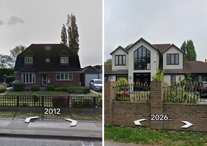 Comparison of a house in 2012 and 2026 showing renovation progress.