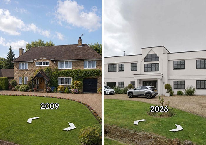 Comparison of a house in 2009 and 2026 showing drastic renovation changes.