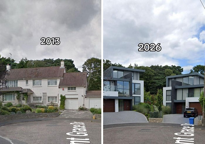 Comparison of house in 2013 and 2026 showing modern renovation.