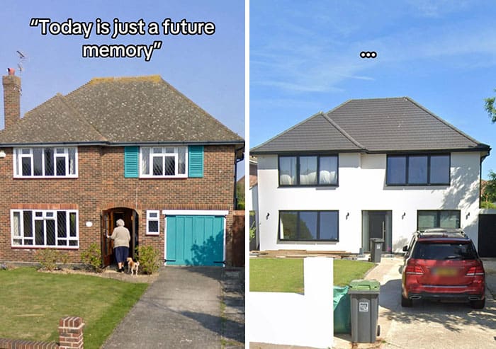 Before and after home renovation photos with humorous captions.