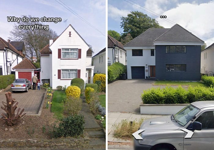 Before and after home renovation with text 'Why do we change everything' on the left image.