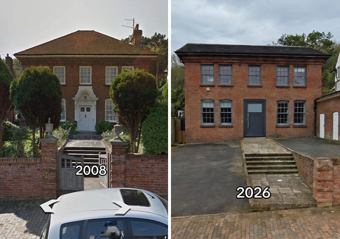 Comparison of a house in 2008 and 2026 showing renovation changes.