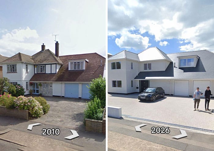 Side-by-side comparison of house in 2010 and 2026 showing renovation changes.