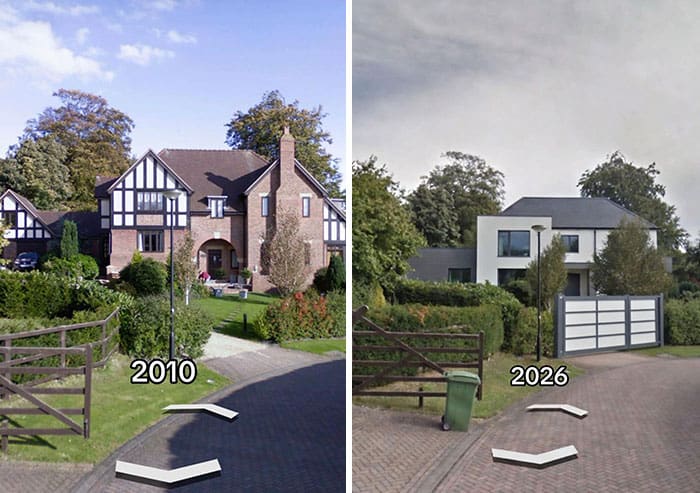Comparison of a house in 2010 and 2026 showing renovation changes.