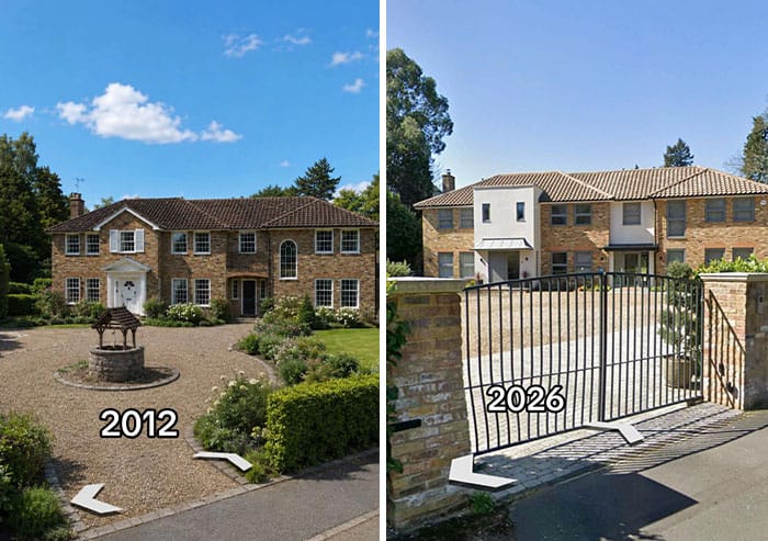 Comparison of a house in 2012 and 2026 showing renovation changes.