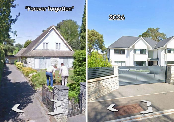 Comparison of an old house labeled 'Forever forgotten' and a modern house in 2026.