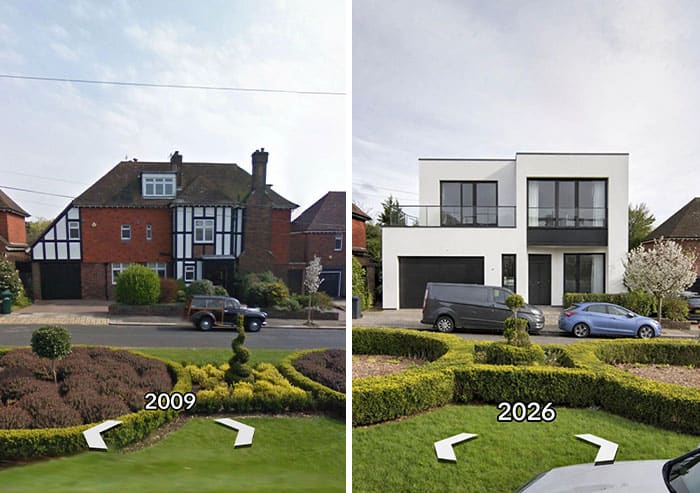 Comparison of a house in 2009 and 2026 showing renovation progress.