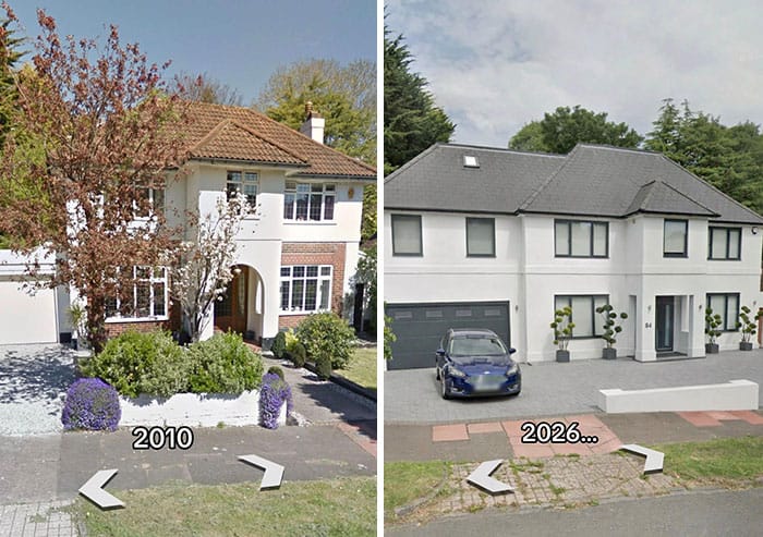 Comparison of a house in 2010 and 2026 showing renovation changes.