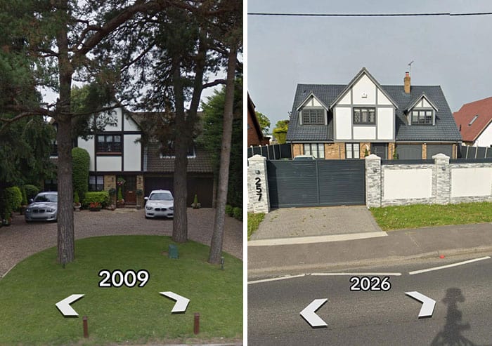 Comparison of house exterior in 2009 and 2026 showing renovation.
