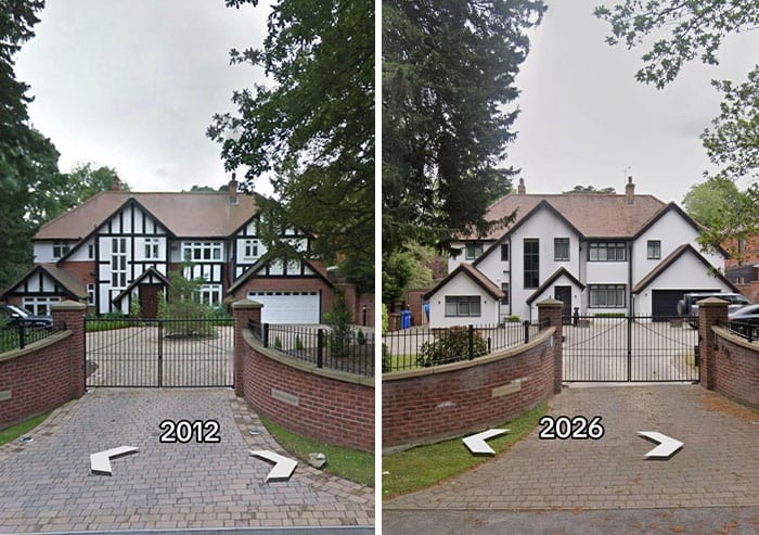 Comparison of a house in 2012 and 2026 showing renovation changes.