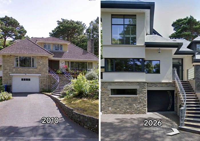 Comparison of house exterior in 2010 and 2026 showing renovation progress.