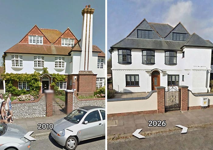 Comparison of a house in 2010 and 2026 showing renovation changes.