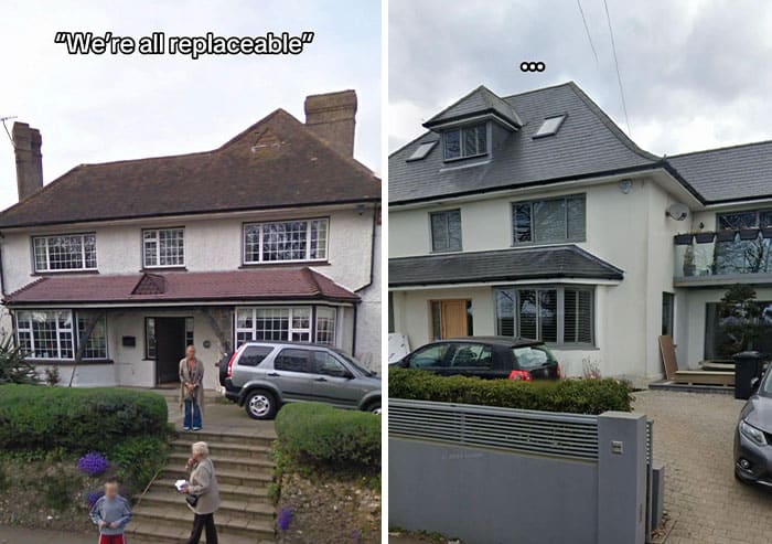Comparison of two houses showing a renovation, with the quote "We're all replaceable".