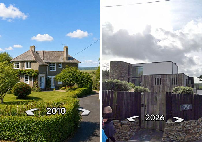 Comparison of a house in 2010 and 2026 showing drastic renovation changes.
