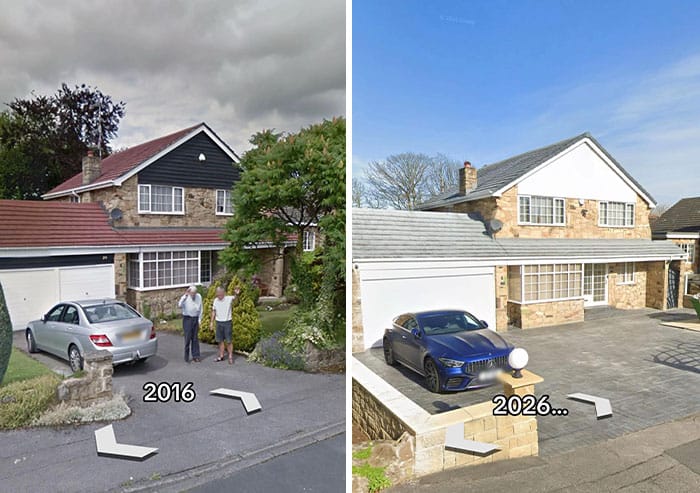Comparison of house renovations from 2016 to 2026 showing improvements.