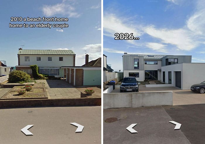 Comparison of a beach front home in 2010 and 2026 showing renovation progress.