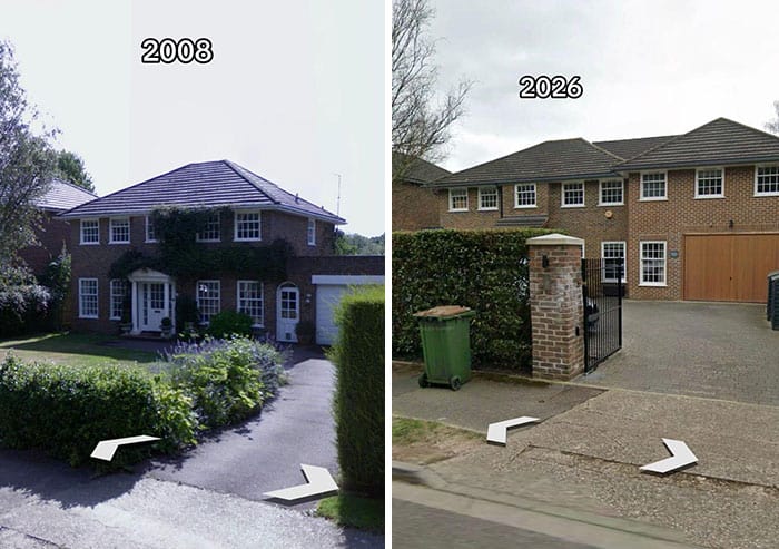 Comparison of a house in 2008 and 2026 showing renovation changes.