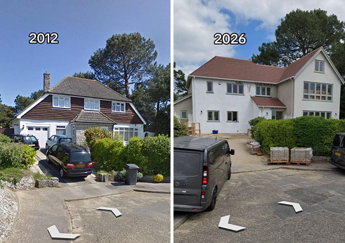 Comparison of house exterior in 2012 and 2026 showing renovation progress.
