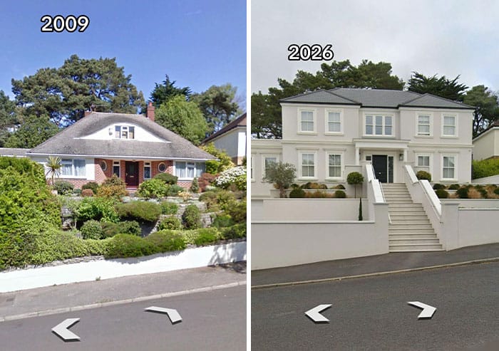 Comparison of a house in 2009 and 2026 showing renovation progress.