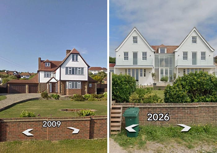 Side-by-side comparison of a house in 2009 and 2026 showing renovation progress.