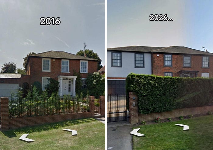 Comparison of house exterior in 2016 and 2026 showing renovation progress.