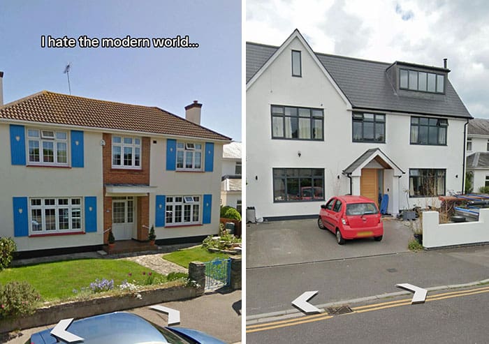 Before and after home renovation with contrasting styles and colors.
