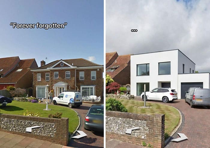 Before and after home renovation showing a house with 'Forever forgotten' text and a modern white re.
