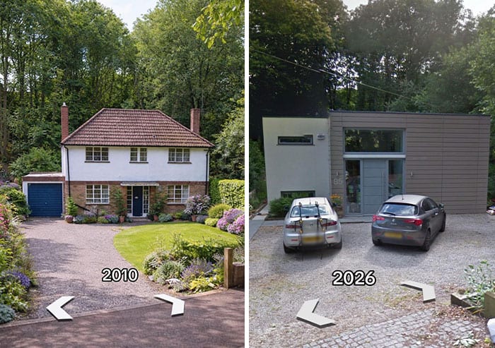 Comparison of a house and modern building renovation in 2010 and 2026.