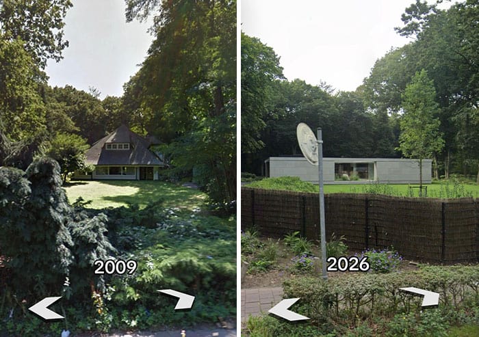 Comparison of a backyard in 2009 and 2026 showing overgrown trees and a renovated space.