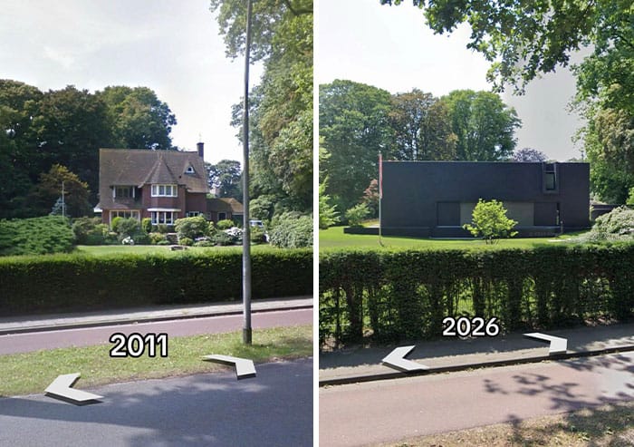 Comparison of house and yard in 2011 and 2026 showing renovation changes.