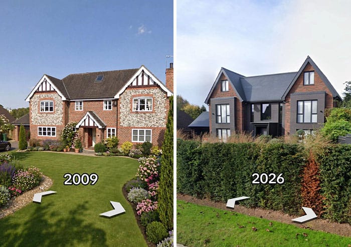 Comparison of a house in 2009 and 2026 showing renovation changes.