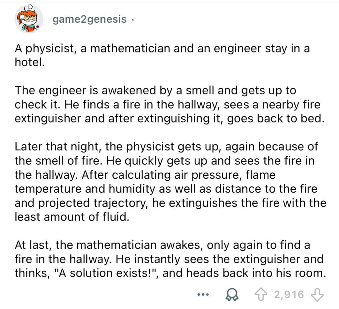 A joke about a physicist, mathematician, and engineer in a hotel.