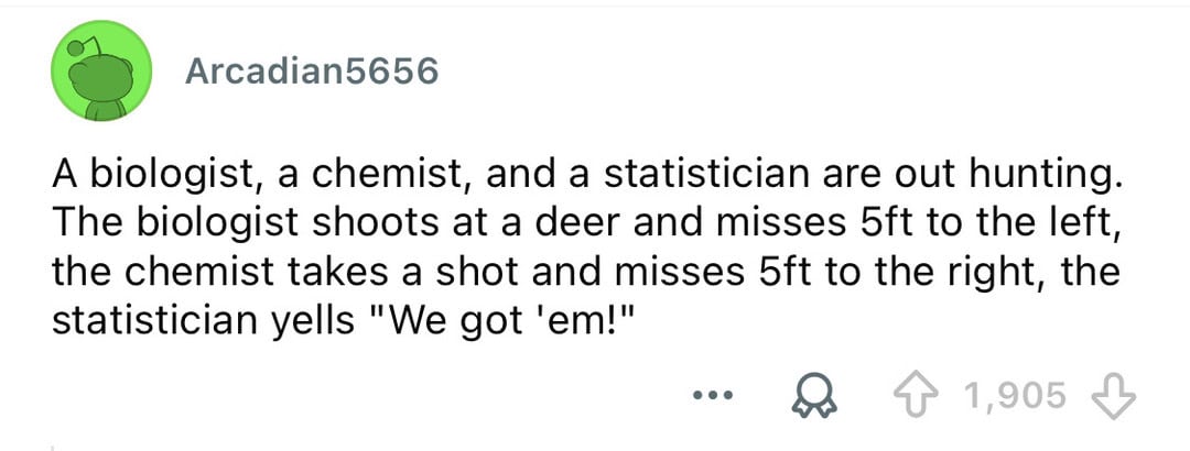 A biologist, chemist, and statistician are out hunting. The biologist shoots at a deer and misses 5f.