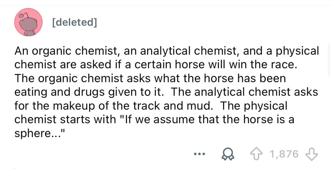 Joke about organic, analytical, and physical chemists betting on a horse race.