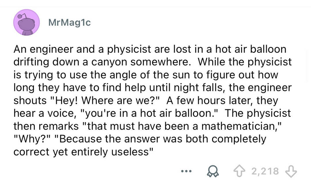 Engineer and physicist lost in hot air balloon, humorous exchange about math and science.