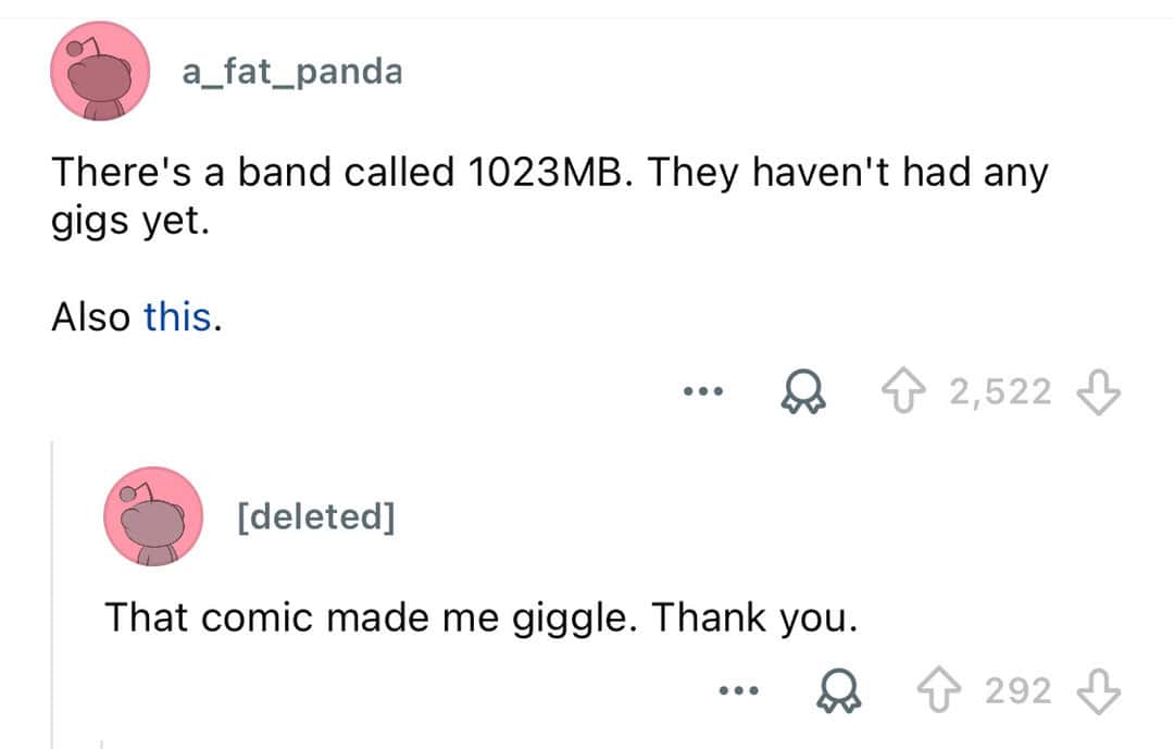 A humorous Reddit post about a band called 1023MB and a comic that made someone giggle.