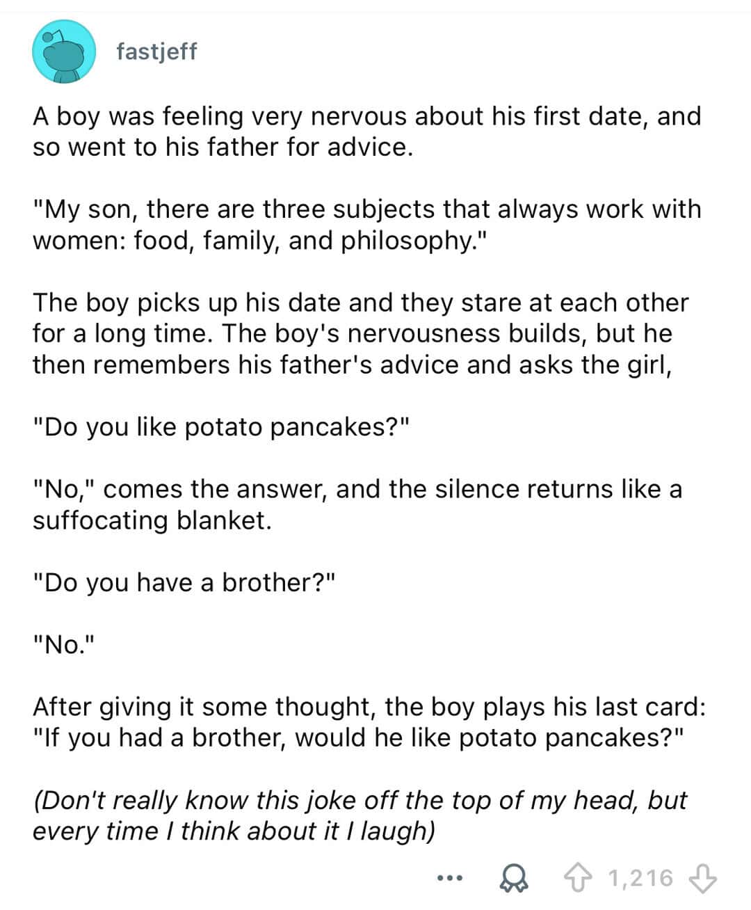 A boy nervously asks a girl if she likes potato pancakes, after advice from his father.