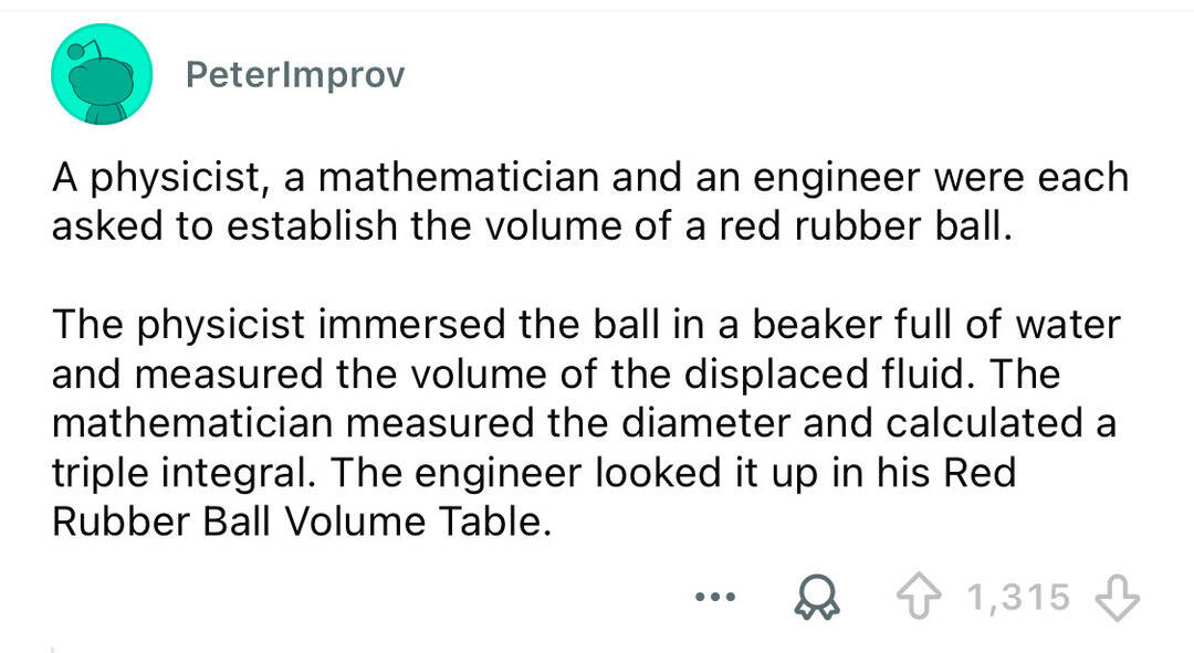 A joke about a physicist, mathematician, and engineer measuring a red rubber ball's volume.