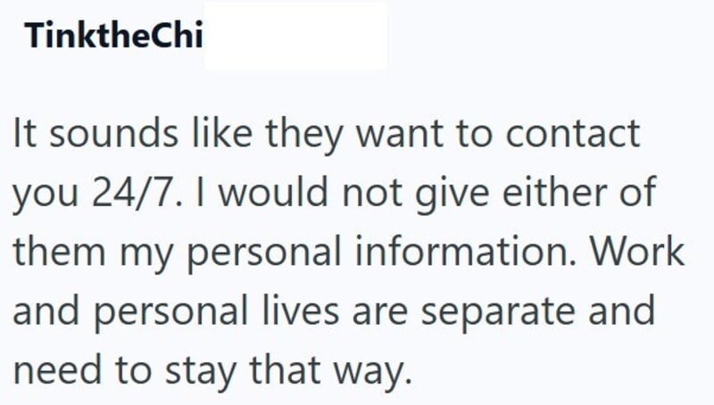 Screenshot of a message expressing privacy concerns about sharing personal info with work.