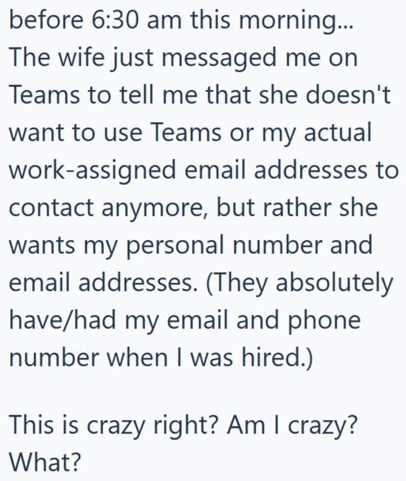 Text about wife messaging on Teams and demanding personal contact info.