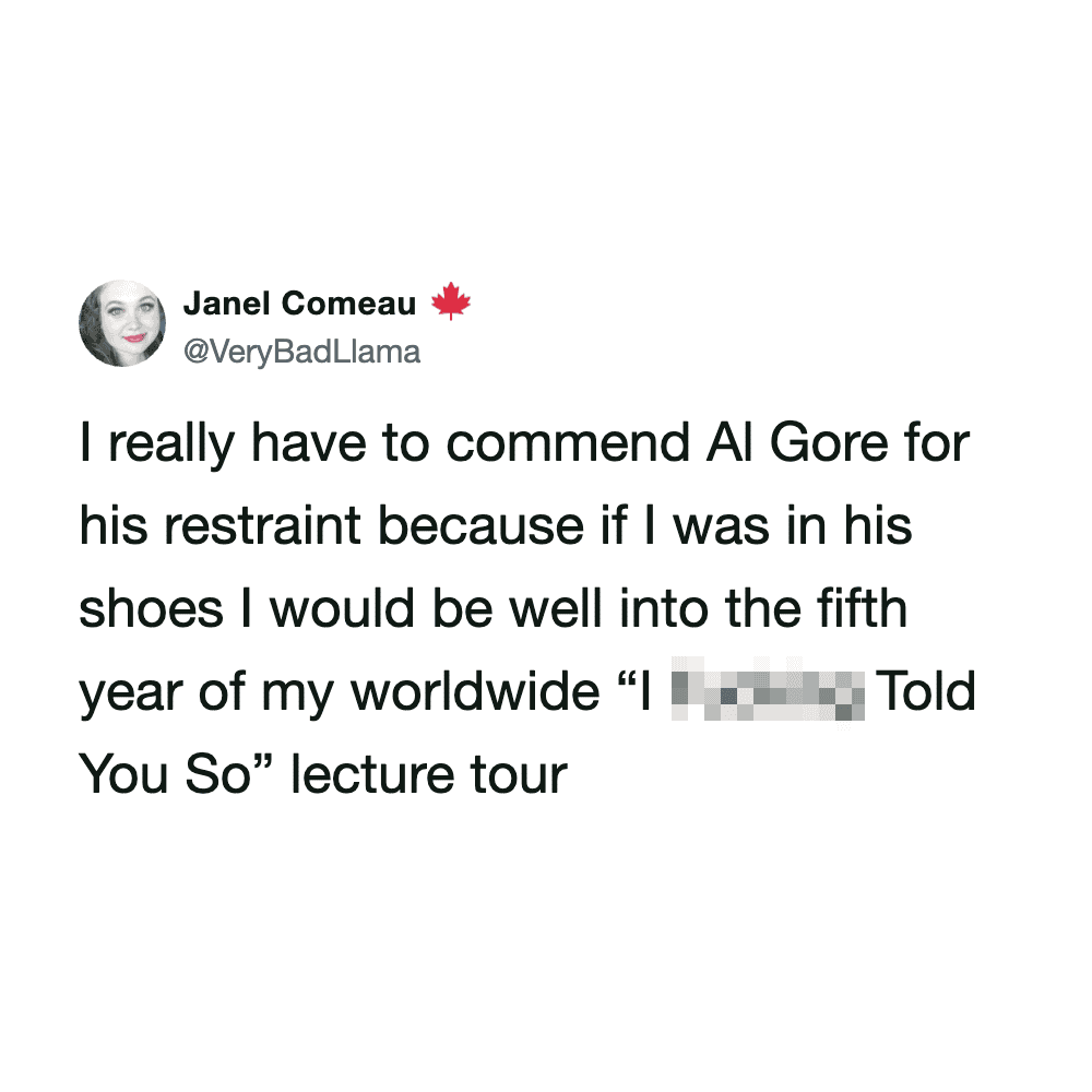 Janel Comeau's tweet praising AI Gore for his restraint in shoes.