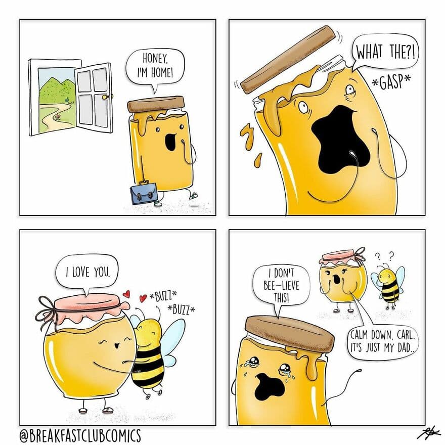 Comic strip of a honey jar, a honey bee, and a honey toast with humorous dialogue.