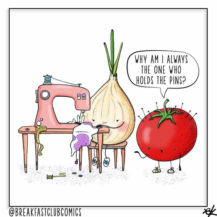 Onion and tomato with sewing machine, onion asks why it holds the pins.
