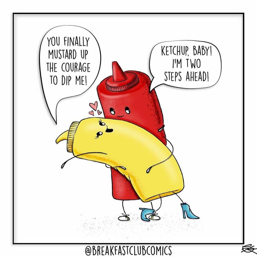 Mustard and ketchup characters hugging with speech bubbles about courage and steps ahead.
