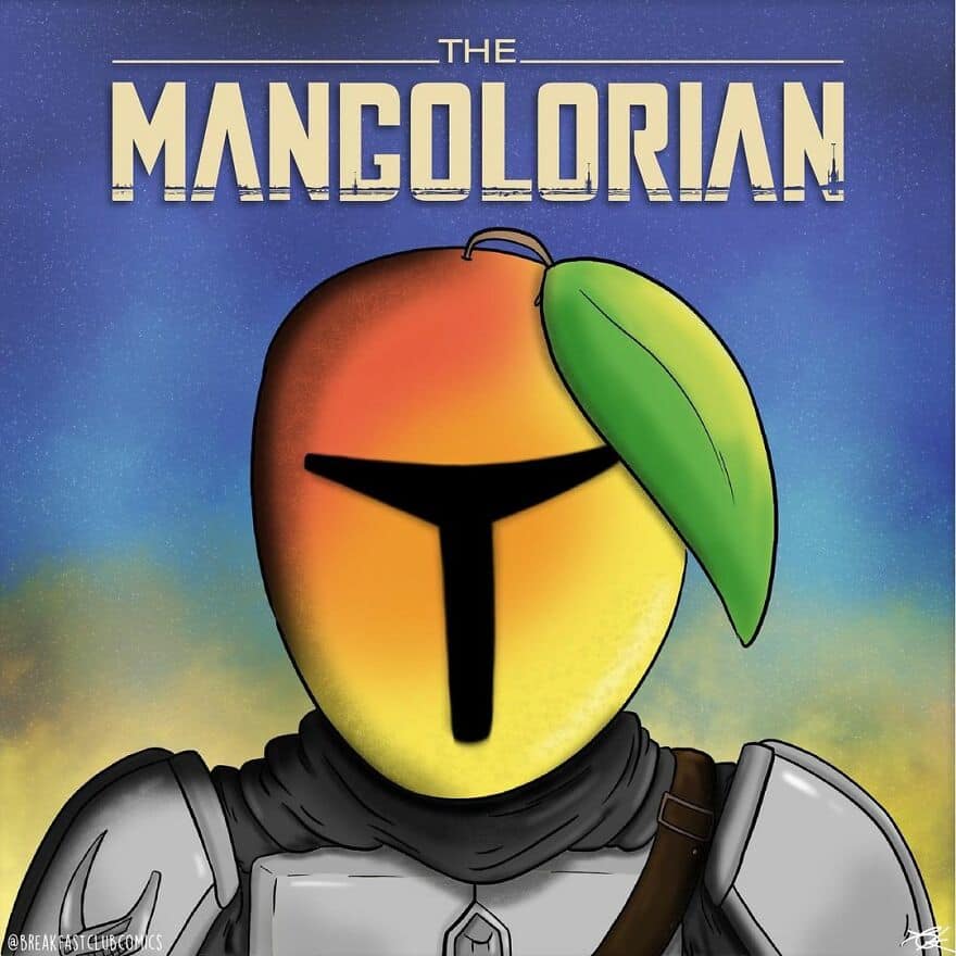 The Manglorian comic character with a mango head, leaf, and armor.