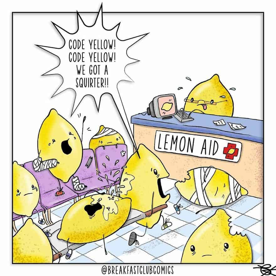 Lemon characters in a hospital scene with a nurse and a doctor, one shouting about yellow squirt.