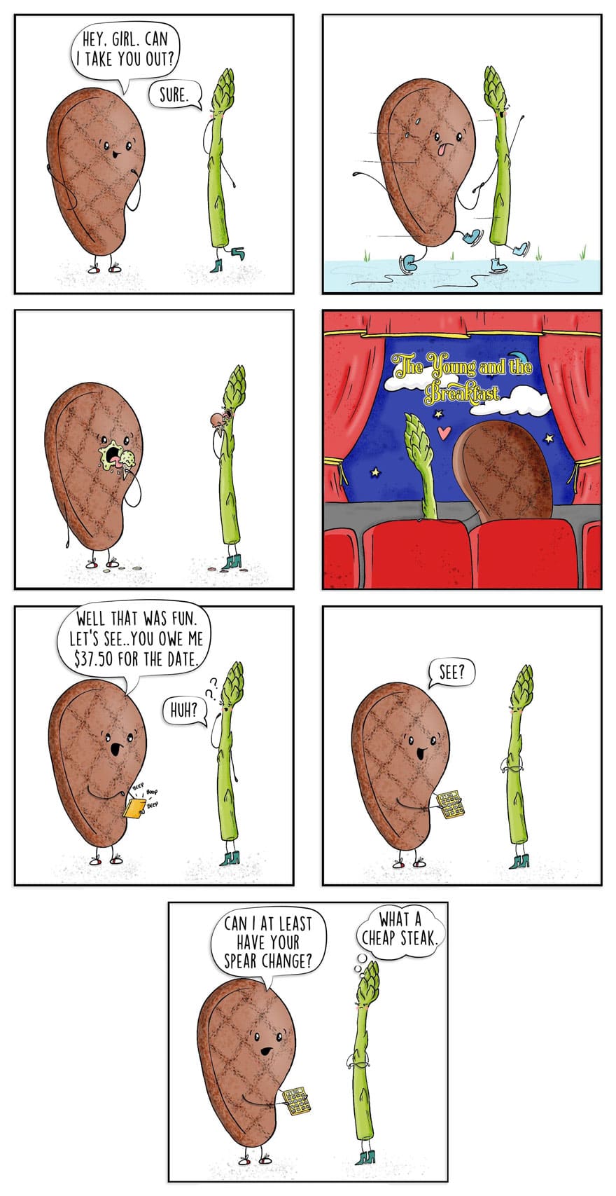 Comic strip of a baked potato and a green vegetable talking about a date.