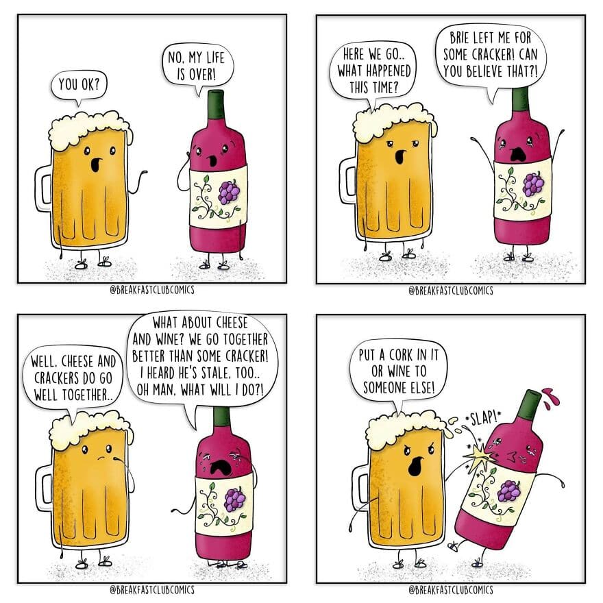 Comic strip with beer and wine characters talking about cheese and crackers.
