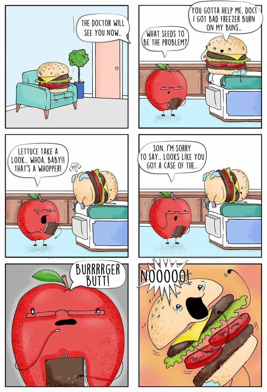 Comic strip with food characters, a burger, and an apple, in a hospital setting.