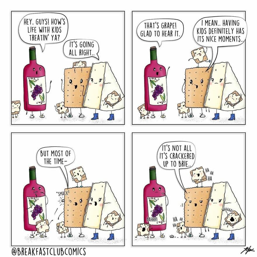 Comic strip with wine, bread, cheese, and a mouse discussing parenting and cheese.